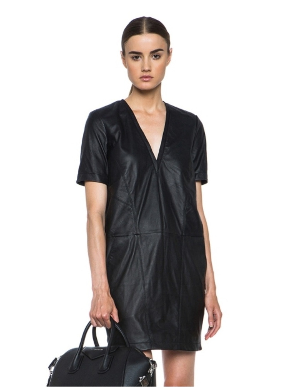HELMUT LANG Gorgeous Black V-Neck Short Sleeve Leather Dress